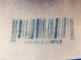 Bar code tattoo on man's neck