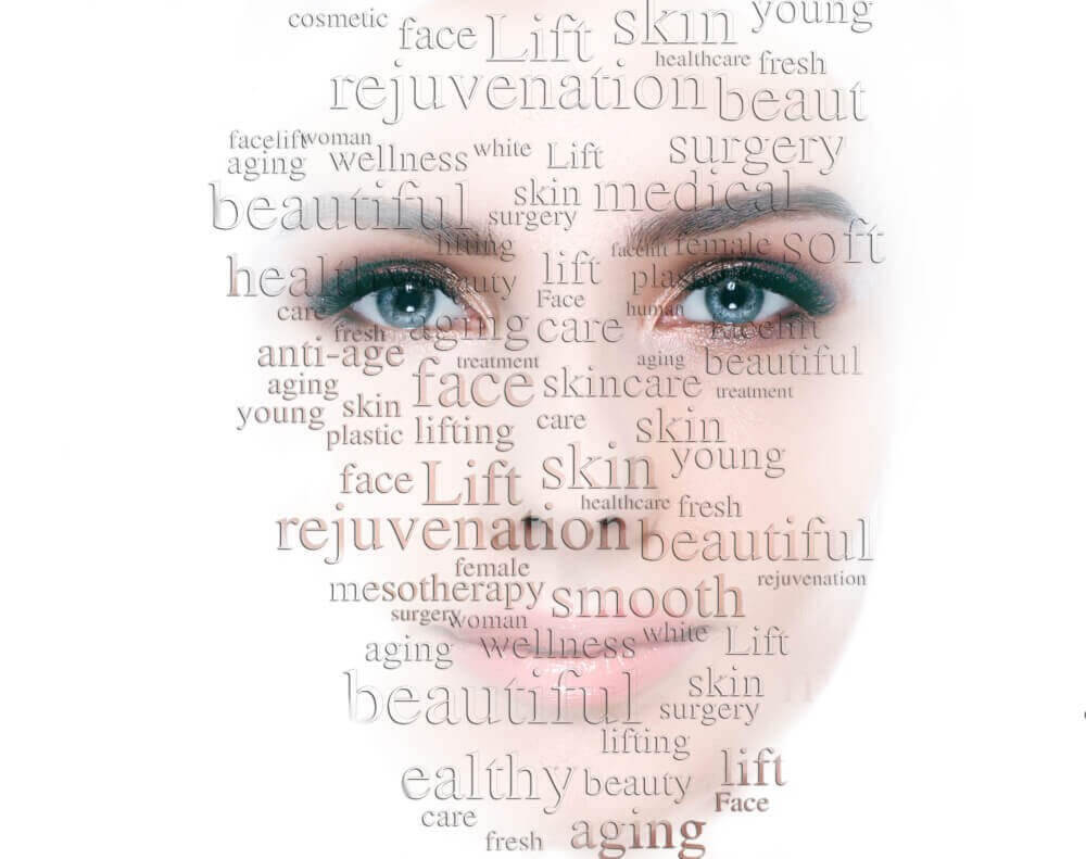 Woman's face with plastic surgery words on top of it